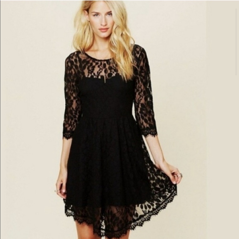 FREE PEOPLE floral mesh lace black romantic flowy asymmetrical dress 2